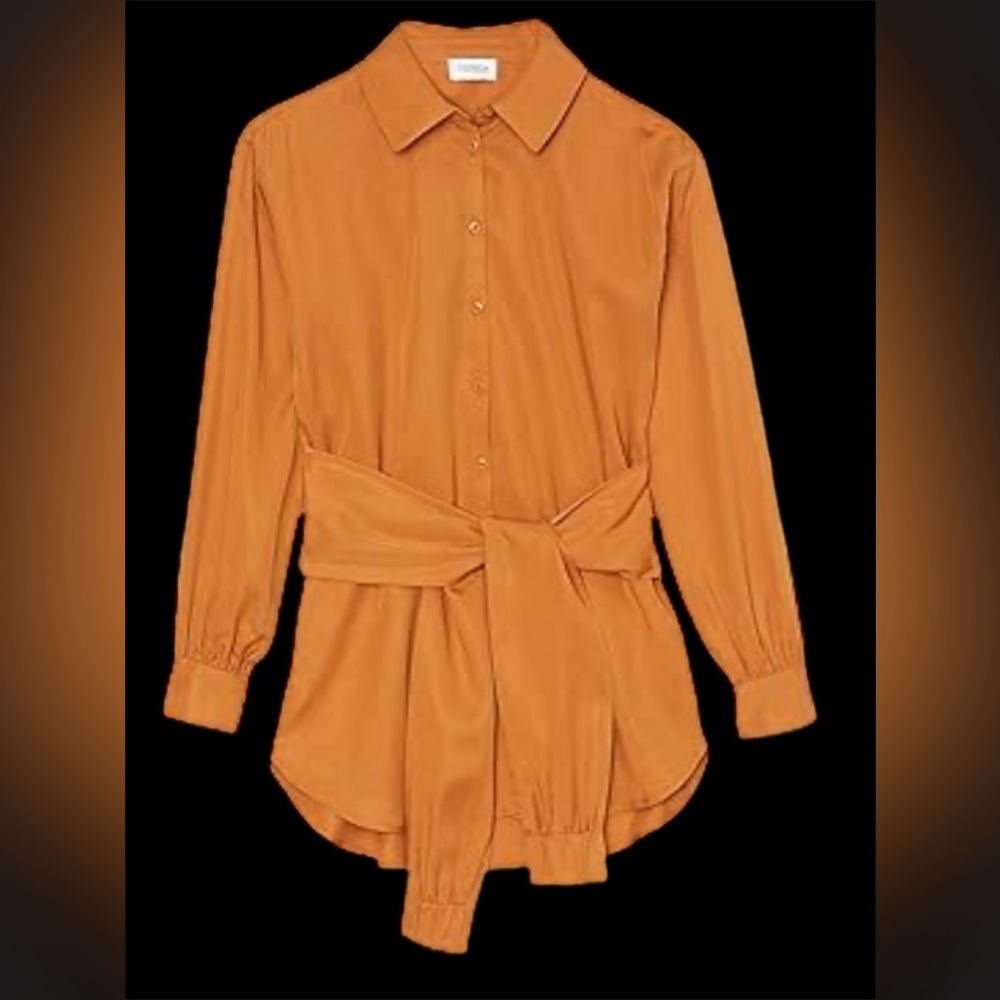 Brown Orange Button Down Blouse with Tie Front and Dress Shirt Collar